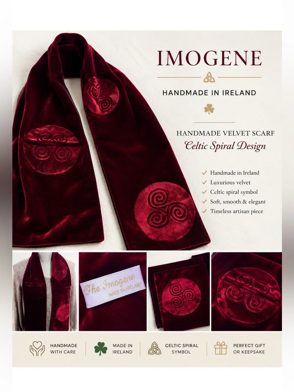 NWOT Imogene Velvet Scarf Handmade Ireland Celtic Spiral Burgundy